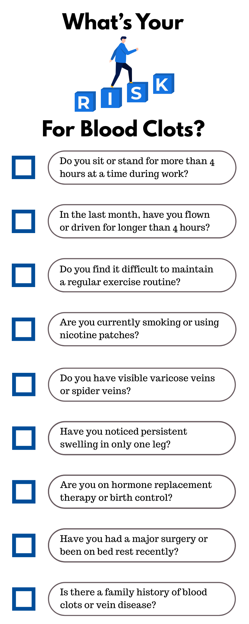 Symptoms Of Early-Stage Deep Vein Thrombosis (Dvt) In The Leg 7 Checklist to evaluate blood clot risk.