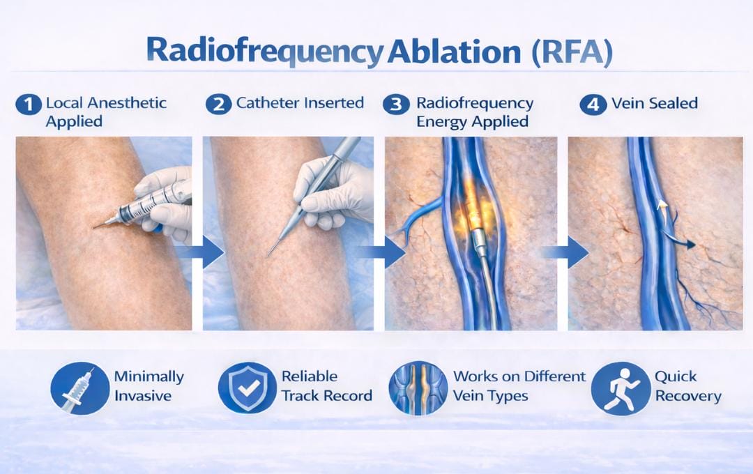 Venaseal™ Vs. Radiofrequency Ablation (Rfa): Which Vein Treatment Is Best? 6 Graphic illustrates how radiofrequency ablation works on varicose veins.