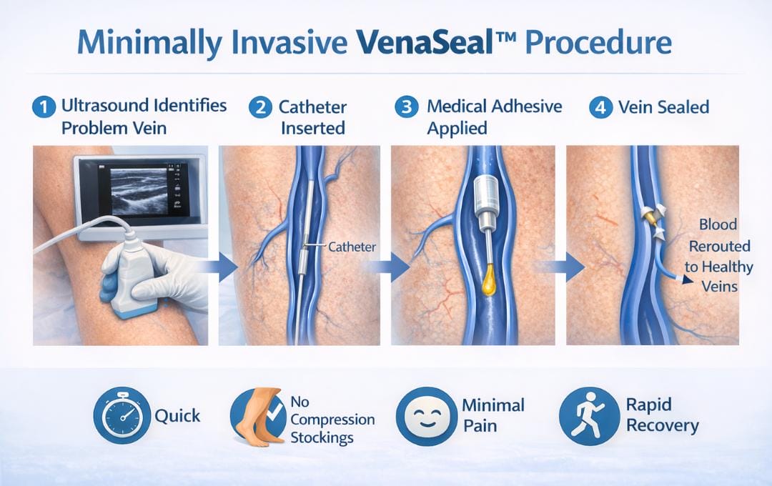 Venaseal™ Vs. Radiofrequency Ablation (Rfa): Which Vein Treatment Is Best? 5 Diagram illustrates how VenaSeal works on varicose veins.
