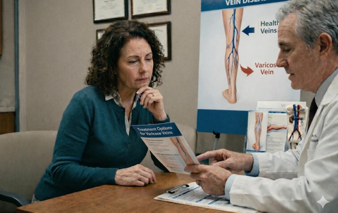 Venaseal™ Vs. Radiofrequency Ablation (Rfa): Which Vein Treatment Is Best? 4 Female patient reviews her varicose vein treatment options, such as VenaSeal and radiofrequency ablation, with her vein specialist.