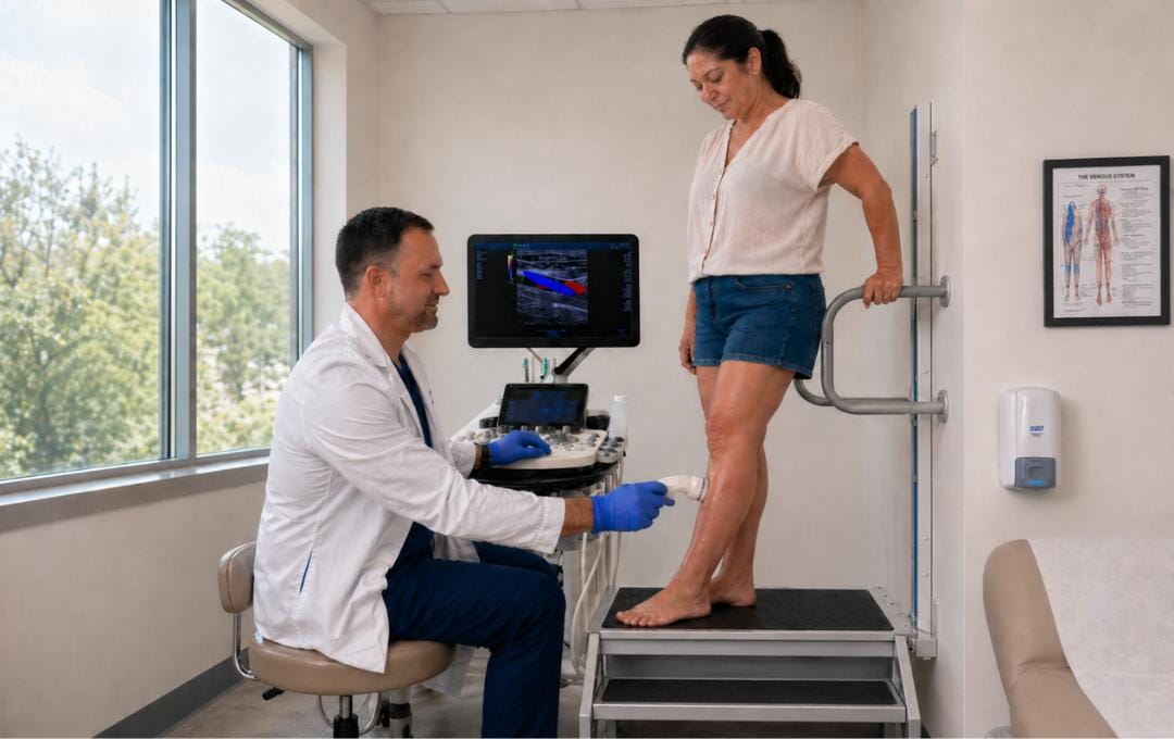 What Is The Most Common Vein Disease? 7 Vein specialist performing duplex ultrasound on patient leg