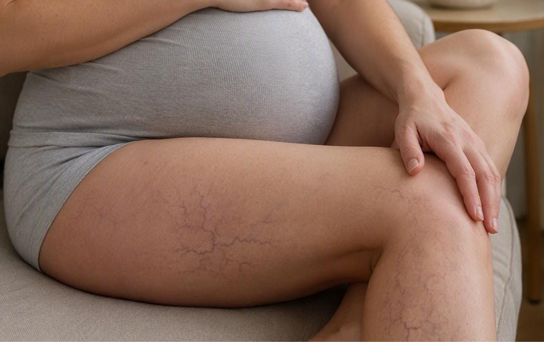 Spider Veins During Pregnancy 4 Pregnant woman with spider veins on the legs.