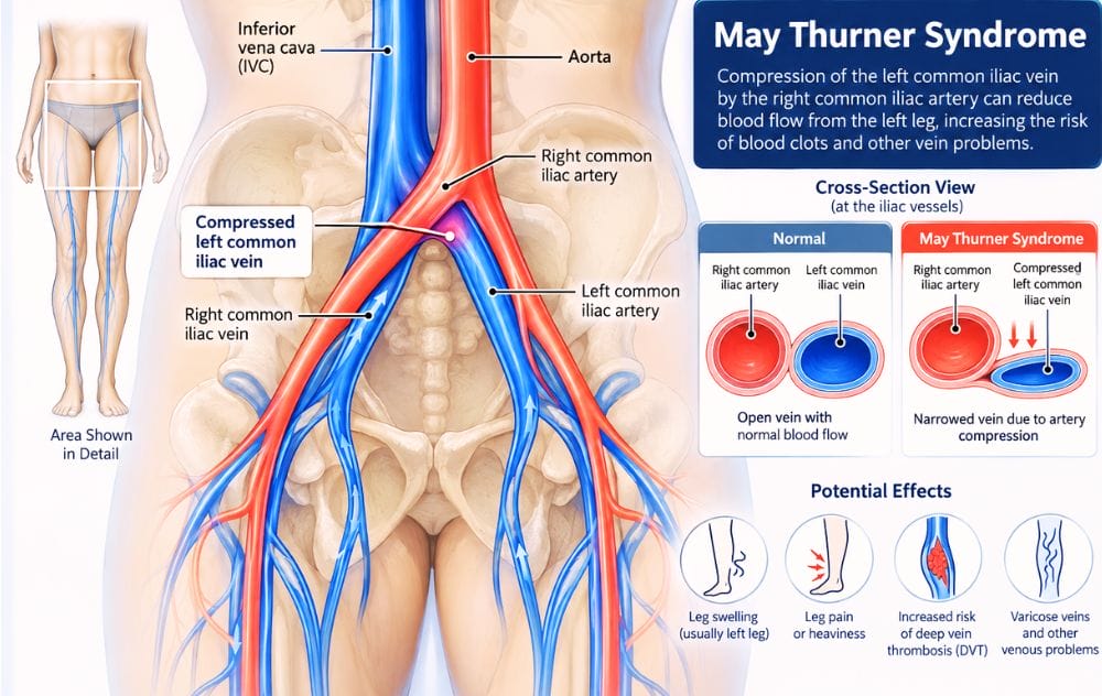 May-Thurner Syndrome 4 Medical illustration of May-Thurner syndrome showing the right common iliac artery compressing the left common iliac vein against the lumbar spine