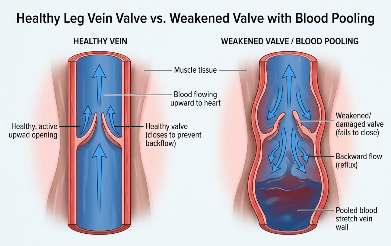 Why Am I Suddenly Getting Spider Veins On My Legs? 5 diagram showing healthy leg vein valve vs. weakened valve with blood pooling.