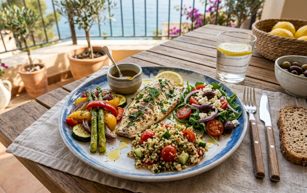 Is There A Best Diet For Someone With Venous Insufficiency? 5 Mediterranean diet plate with vegetables fish and olive oil for vein health